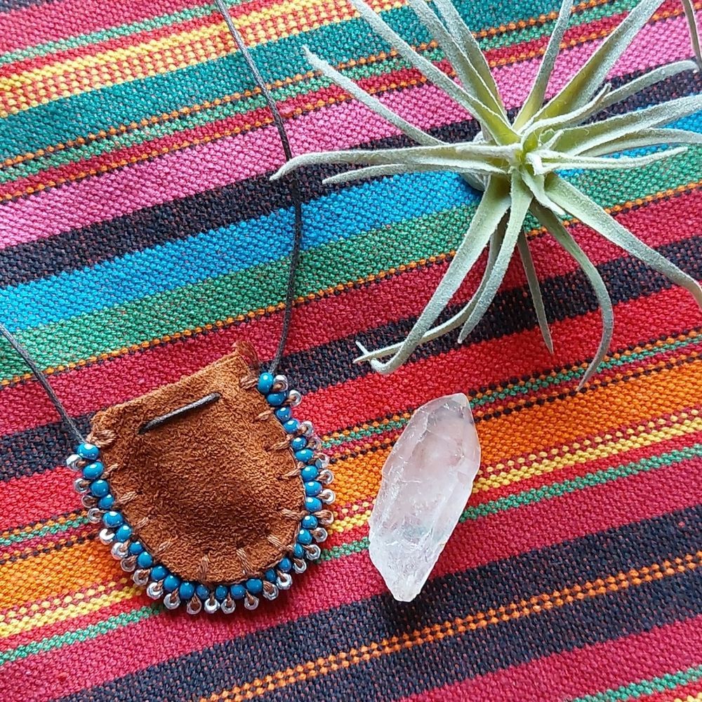 Leather Mini Mojo Bag Necklace by Rust Belt Raised Quartz Crystal Neckla…